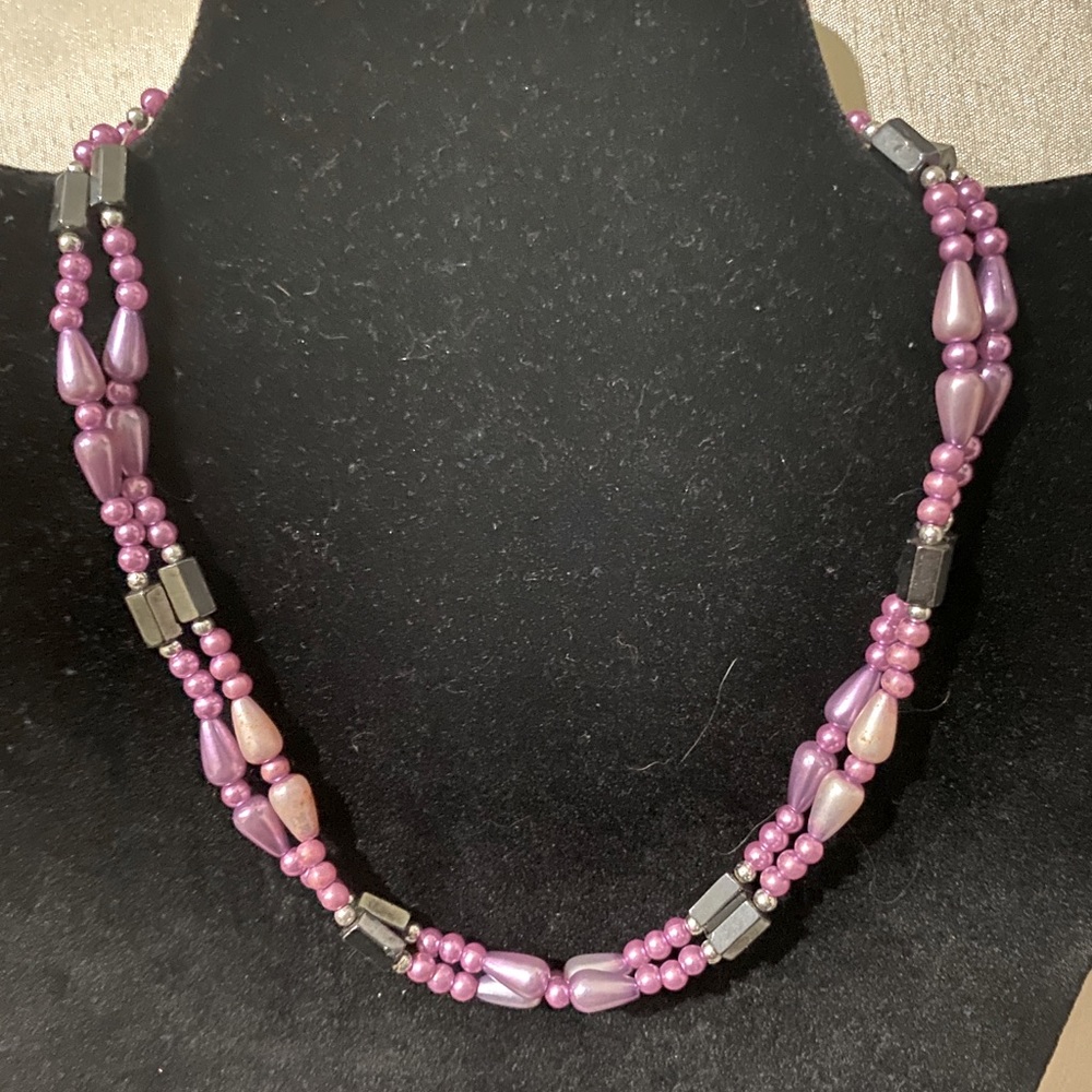 Versatile 35” string of purple beads & black magnets for necklace, bracelet, etc